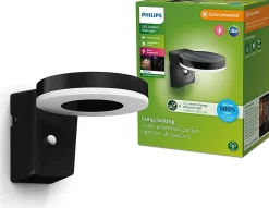 Phillips Applique murale solaire d'extérieur ronde, détecteur de mouvement, résistante aux intempéries, noire