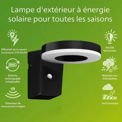 Phillips Applique murale solaire d'extérieur ronde, détecteur de mouvement, résistante aux intempéries, noire