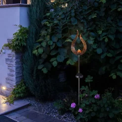 Piquet de terre solaire LED 'Flamme' - piquet de terre extérieur en métal et plastique marron, avec LED intégrée