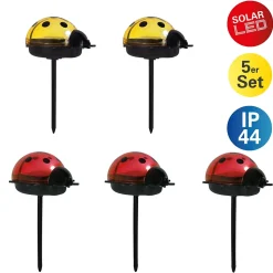 Piquets solaires LADYBUG set de 5 7,8x6cm H 14,2cm plastique noir rouge jaune 5 scarabées LED blanc froid