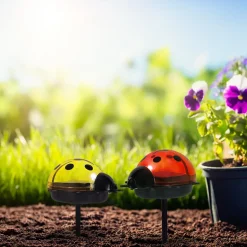 Piquets solaires LADYBUG set de 5 7,8x6cm H 14,2cm plastique noir rouge jaune 5 scarabées LED blanc froid