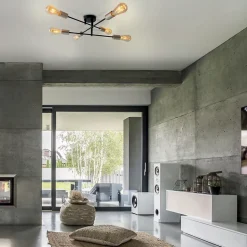 Plafonnier 6 flammes MODO metal noir douilles dorees E27 pour salon salle a manger cuisine entree couloir bureau diametre 54,5 cm