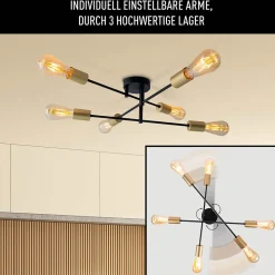 Plafonnier 6 flammes MODO metal noir douilles dorees E27 pour salon salle a manger cuisine entree couloir bureau diametre 54,5 cm