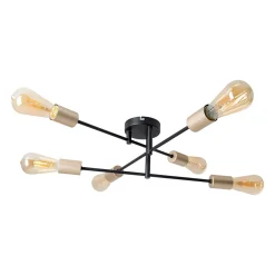 Plafonnier 6 flammes MODO metal noir douilles dorees E27 pour salon salle a manger cuisine entree couloir bureau diametre 54,5 cm