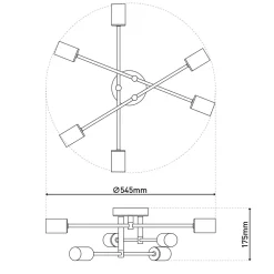 Plafonnier 6 flammes MODO metal noir douilles dorees E27 pour salon salle a manger cuisine entree couloir bureau diametre 54,5 cm