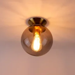 Plafonnier Art Déco en laiton avec verre fumé - Pallon
