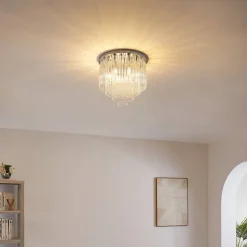 Plafonnier chic chromé en verre cascade de pampille transparentes - Sandrilla