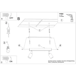 Plafonnier en acier/bois 2 lampes 46x30x17.5cm Sollux
