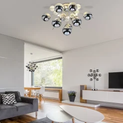 Plafonnier EXPLOSION chrome metal verre douilles G9 pour salle a manger salon entree bureau diametre 57 cm