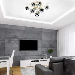 Plafonnier EXPLOSION chrome metal verre douilles G9 pour salle a manger salon entree bureau diametre 57 cm