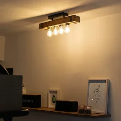 Plafonnier industriel bois et acier 4 lumières - Reena