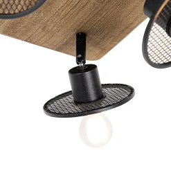 Plafonnier industriel noir avec bois 4 lumières - Jasmine