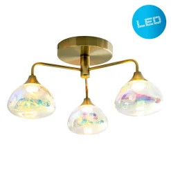 Plafonnier LED 3 flammes VARNA metal laiton verre irise LED fixes diametre 42 cm pour salon salle a manger entree