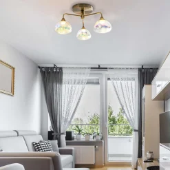 Plafonnier LED 3 flammes VARNA metal laiton verre irise LED fixes diametre 42 cm pour salon salle a manger entree