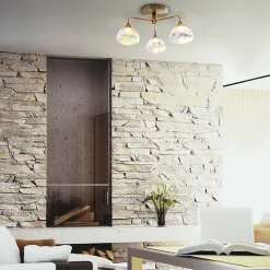 Plafonnier LED 3 flammes VARNA metal laiton verre irise LED fixes diametre 42 cm pour salon salle a manger entree