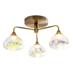 Plafonnier LED 3 flammes VARNA metal laiton verre irise LED fixes diametre 42 cm pour salon salle a manger entree