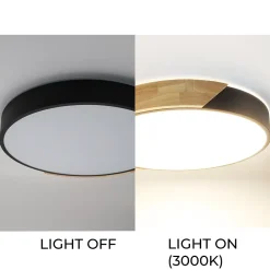 Plafonnier LED Circulaire 40cm 30W 3000LM Métal Noir et Bois Lumière Sélectionnable 3000K4000K6000K