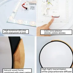 Plafonnier LED Circulaire 40cm 30W 3000LM Métal Noir et Bois Lumière Sélectionnable 3000K4000K6000K