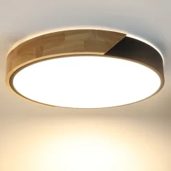Plafonnier LED Circulaire 40cm 30W 3000LM Métal Noir et Bois Lumière Sélectionnable 3000K4000K6000K