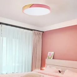 Plafonnier LED Circulaire 40cm 24W 2400LM Métal Rose et Bois Naturel Lumière Sélectionnable 3000K4000K6000K