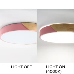 Plafonnier LED Circulaire 40cm 24W 2400LM Métal Rose et Bois Naturel Lumière Sélectionnable 3000K4000K6000K