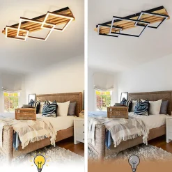 Plafonnier LED NETTLIFE bois : 70 cm plafonnier dimmable lampe de salon lampe de chambre moderne 46W noir fonction mémoire