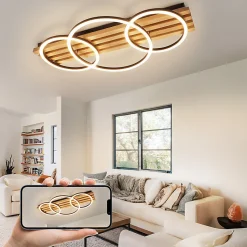 Plafonnier LED NETTLIFE en bois à intensité variable : 70 cm, lampe de salon, 46 W, 3 anneaux, noir avec télécommande