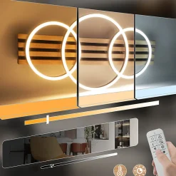 Plafonnier LED NETTLIFE en bois à intensité variable : 70 cm, lampe de salon, 46 W, 3 anneaux, noir avec télécommande