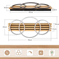 Plafonnier LED NETTLIFE en bois à intensité variable : 70 cm, lampe de salon, 46 W, 3 anneaux, noir avec télécommande