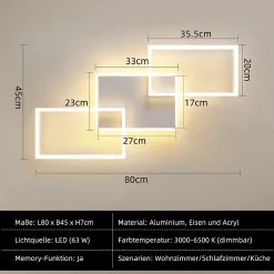 Plafonnier LED NETTLIFE pour salon - Plafonnier à intensité variable avec télécommande 63 W - Grand format - Blanc moderne