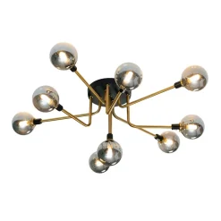 Plafonnier moderne noir et doré 9 boules en verre ambré - Merano