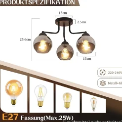 Plafonnier NETTLIFE en verre noir : lampe de cuisine vintage, lampe de couloir industrielle à 3 lampes E27