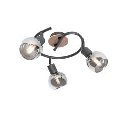 Plafonnier noir 44,5 cm avec verre fumé et bois 3 lumières - Vidro