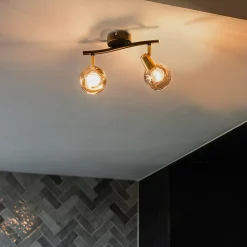 Plafonnier noir avec laiton et verre fumé 2 lumières - Vidro