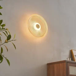 Plafonnier ou applique LED rond moderne verre ambré texturé et base noire - Ossara