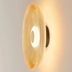 Plafonnier ou applique LED rond moderne verre ambré texturé et base noire - Ossara