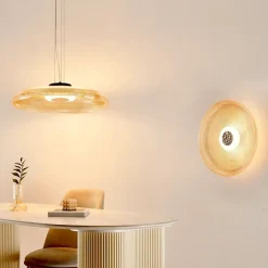 Plafonnier ou applique LED rond moderne verre ambré texturé et base noire - Ossara