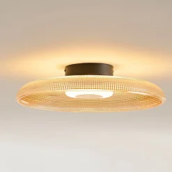 Plafonnier ou applique LED rond moderne verre ambré texturé et base noire - Ossara