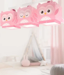 Plafonnier Pour Enfant 3 Lumières Little Pink Owl Petite Chouette Rose