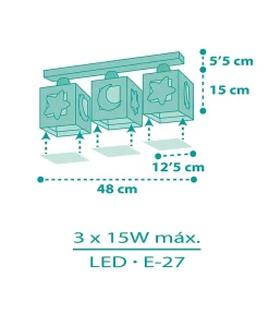 Plafonnier pour enfants à 3 lampes Moonlight lune et étoiles vert