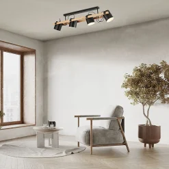 Plafonnier 4xE27 23W IP20 - Design noir & bois naturel