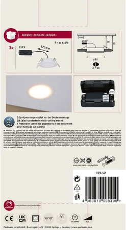 Premium Spot encastré LED Suon Kit de base IP44 rond 90mm 3x5W 3x450lm 230V gradable 2700K Satiné Blanc
