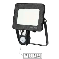 Projecteur LED avec détecteur de mouvement 30W Noir Etanche IP65 Forte luminosité avec Osram Puce 3300 Lumens Blanc froid 6000K