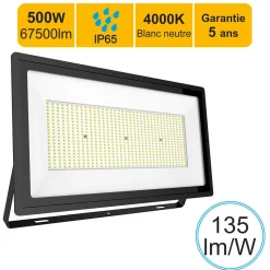 Projecteur LED pro haute puissance 500W 67500lm 135lm/W 4000K IP65 - câble 1M - garantie 5 ans