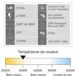 Projecteur LED 100W/IP65/8500lm/3000K connexion directe - sans câble - garantie 5 ans