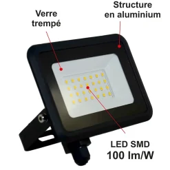 Projecteur LED 20W/IP65/2000lm/4000K connexion direct - sans câble- garantie 5 ans