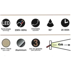 Projecteur mural gris LED IP65, 3000 lumens, conso 30W (éq 160W), Blanc chaud