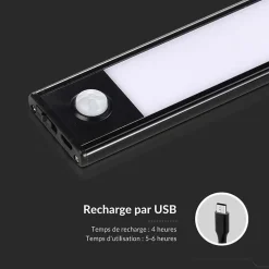 Réglette LED Rechargeable USB 40cm 2W Noire avec Détecteur de mouvement - Blanc Chaud 2300K - 3500K - SILAMP