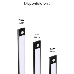 Réglette LED Rechargeable USB 40cm 2W Noire avec Détecteur de mouvement - Blanc Chaud 2300K - 3500K - SILAMP