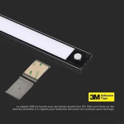Réglette LED Rechargeable USB 40cm 2W Noire avec Détecteur de mouvement - Blanc Chaud 2300K - 3500K - SILAMP